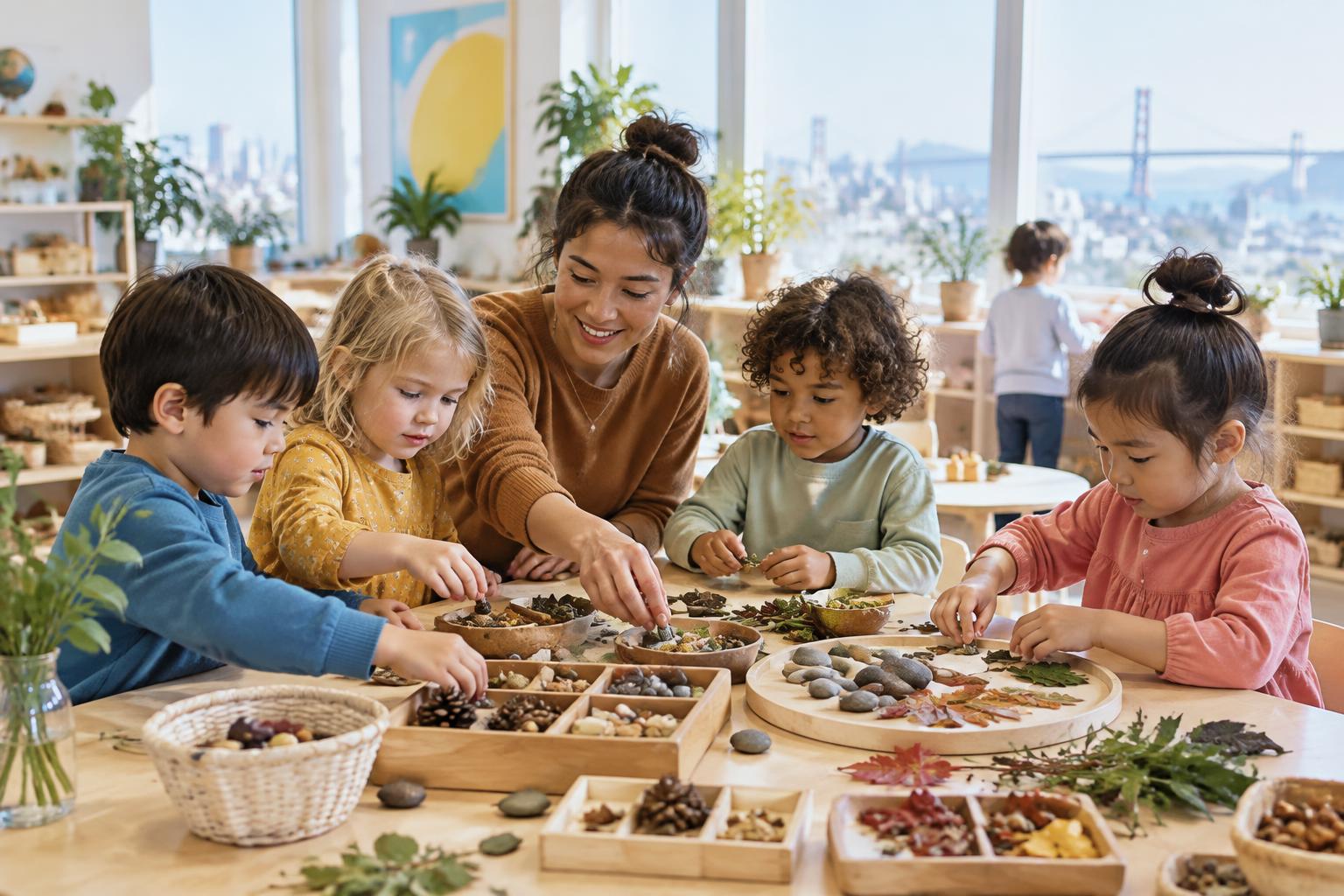 Preschool children and a teacher arranging leaves, stones and natural materials together
