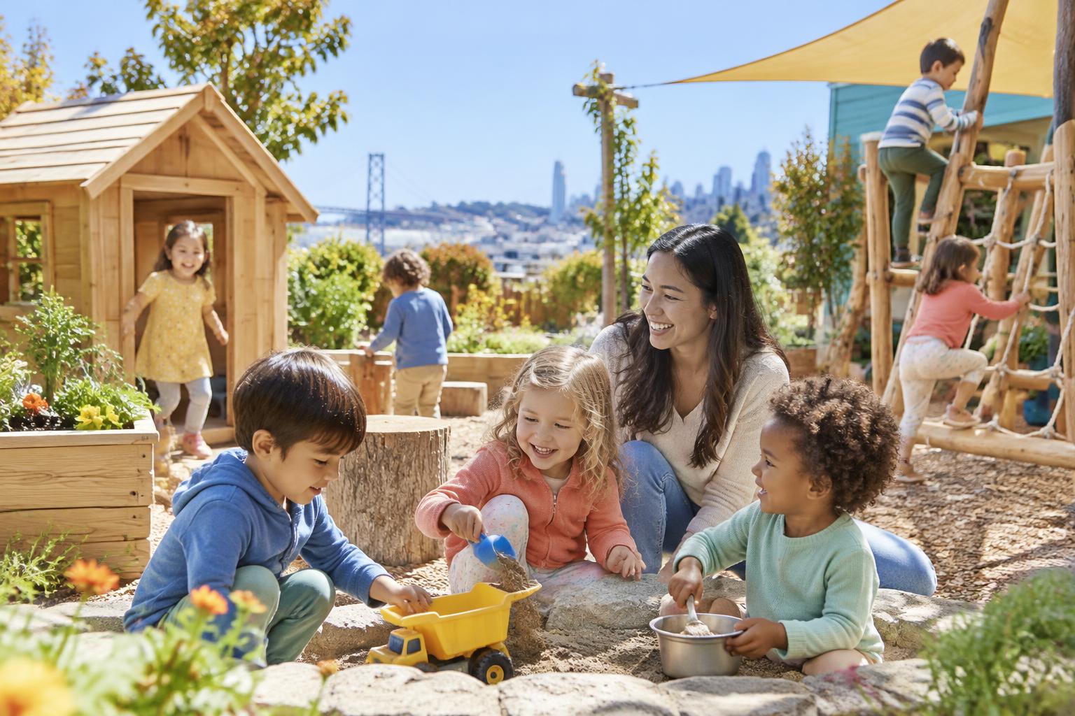 Children and a teacher playing together in a sunny preschool garden