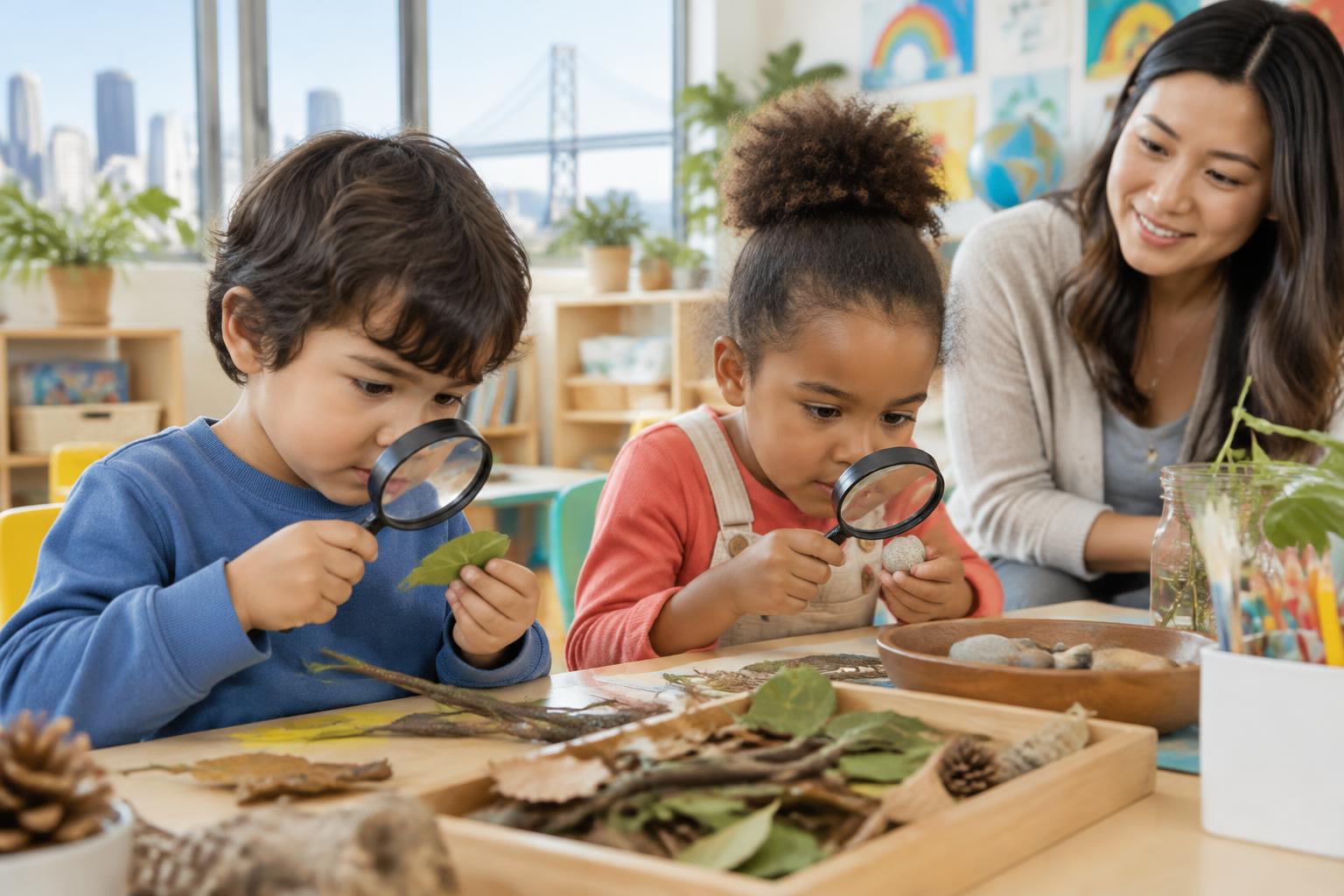 Two preschool children examining natural objects with magnifying glasses beside their teacher