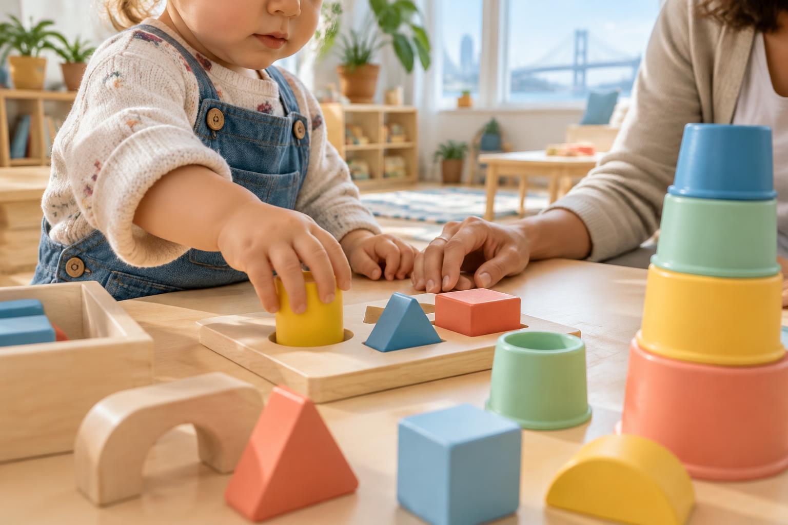 A toddler sorting colorful shapes while a teacher supports the activity